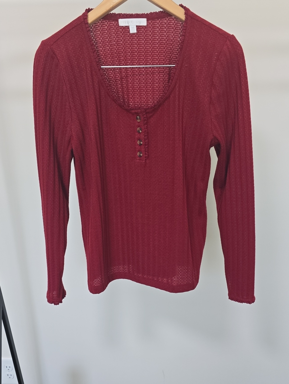 Design History Burgundy Long Sleeve Henley Top